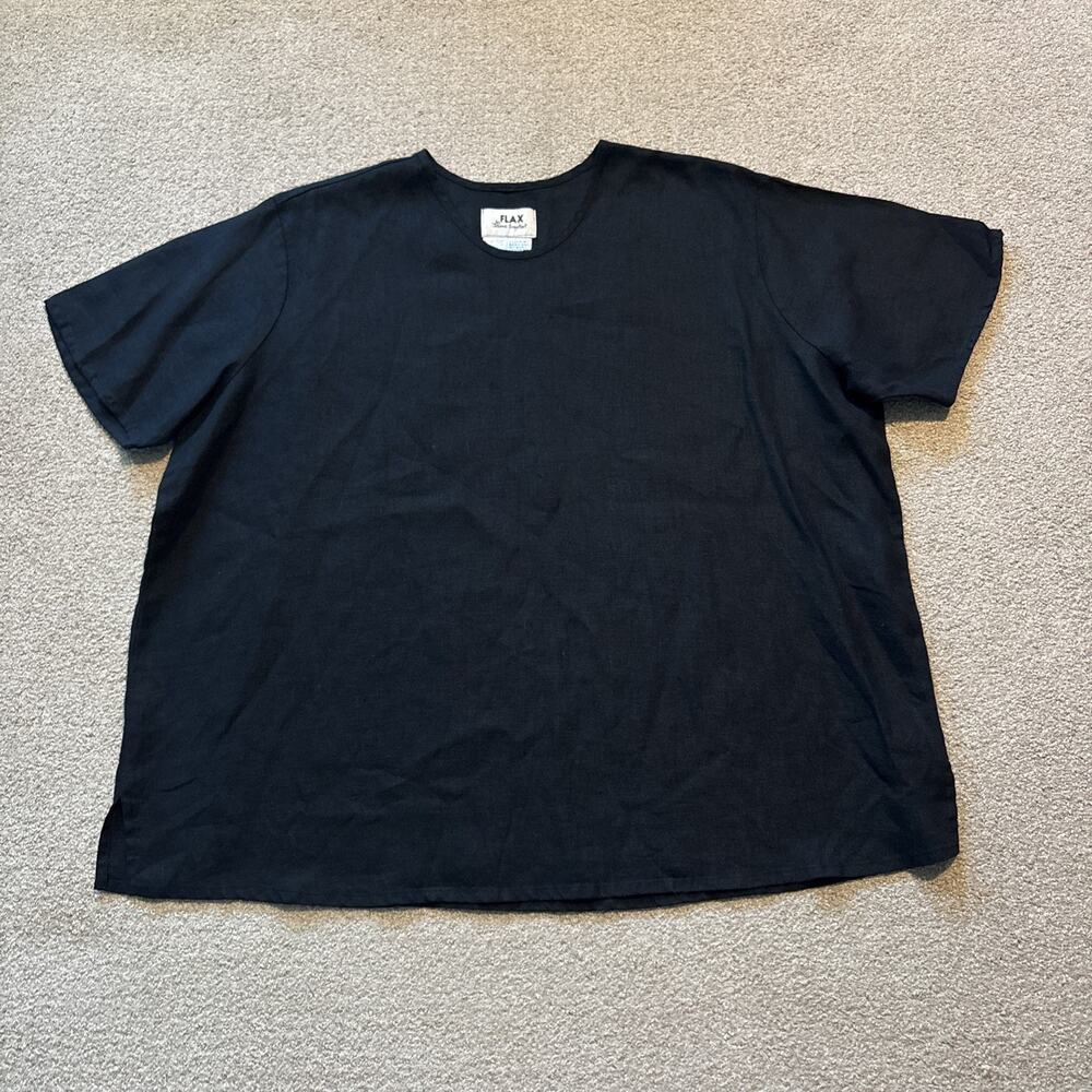 Vintage 90s FLAX Jeanne Engelhart Women's Black Linen Woven Short Sleeve Top